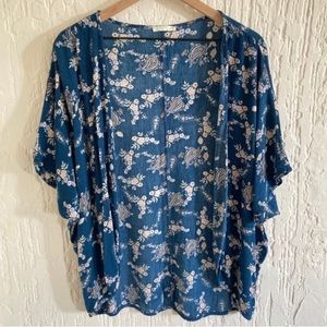 Olive Tree Blue Floral Boho Short Sleeve Open Kimono Size Large